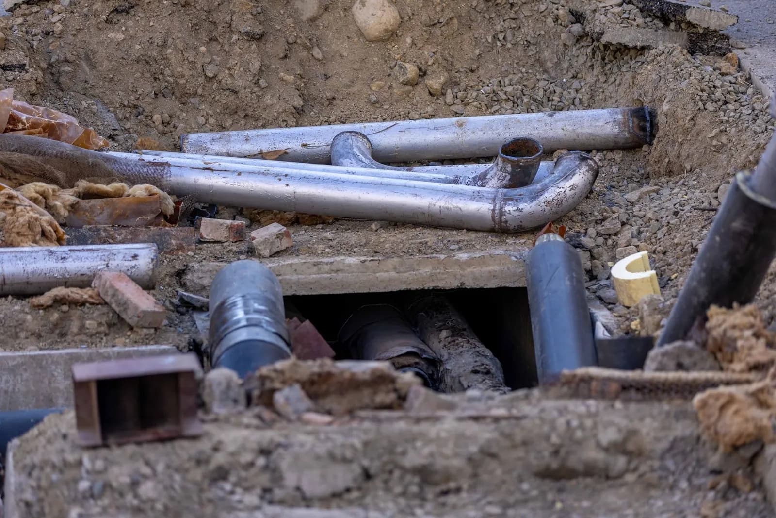 Old collapsed pipework exposed in an excavation